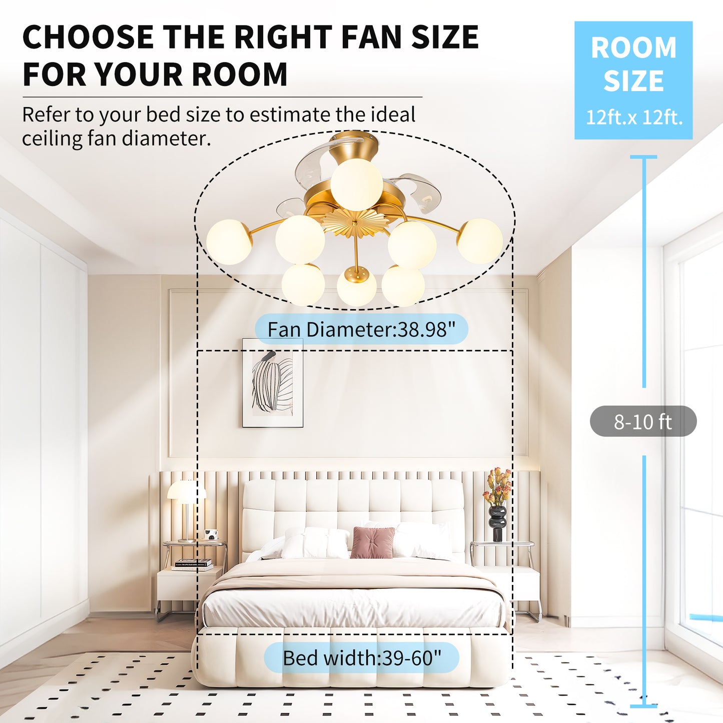 Modern Gold Retractable Ceiling Fan with Lights, 8-Light Flush Mount Fan with Remote