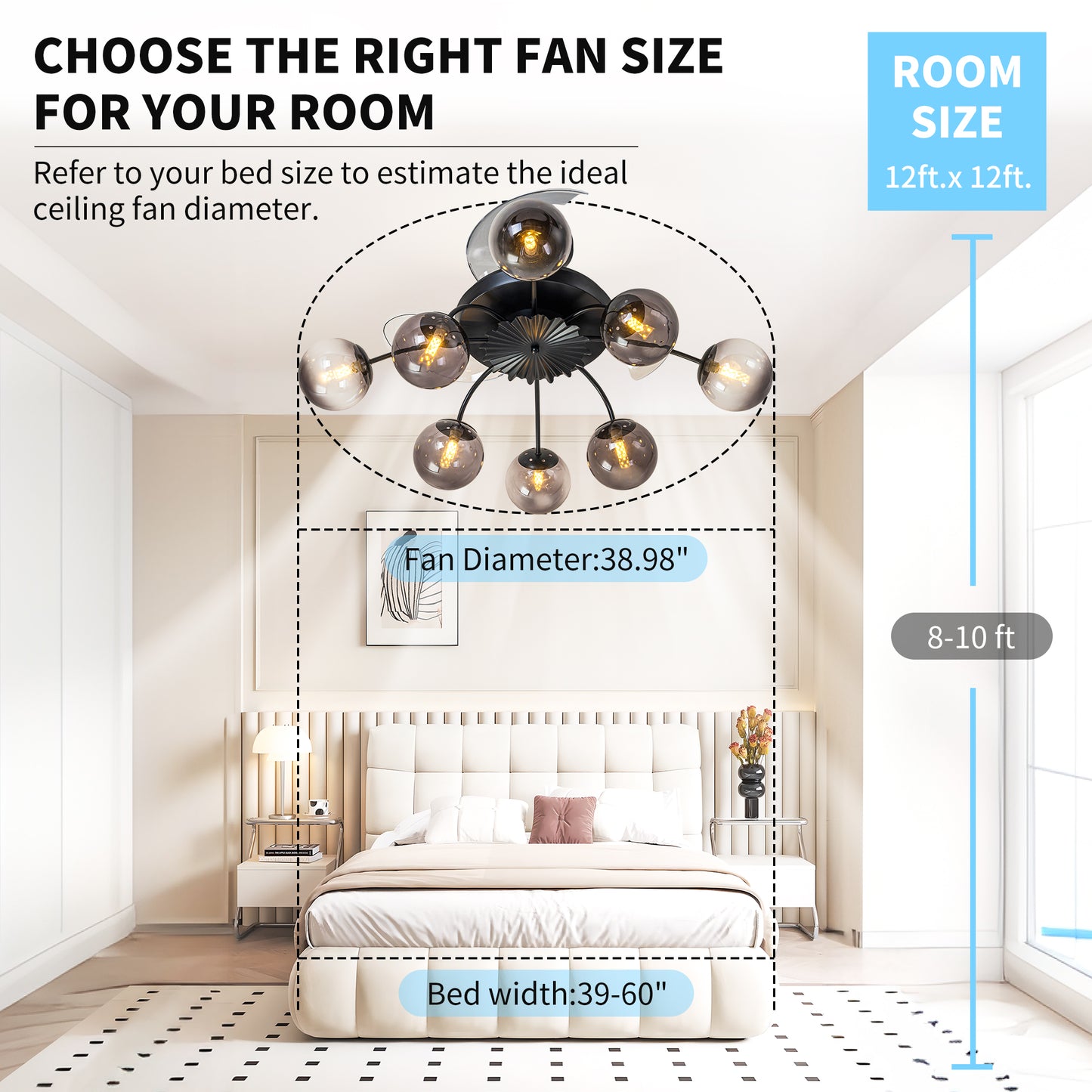 Modern Smoke Gray Glass Retractable Ceiling Fan with Lights, 8-Light Flush Mount Fan with Remote