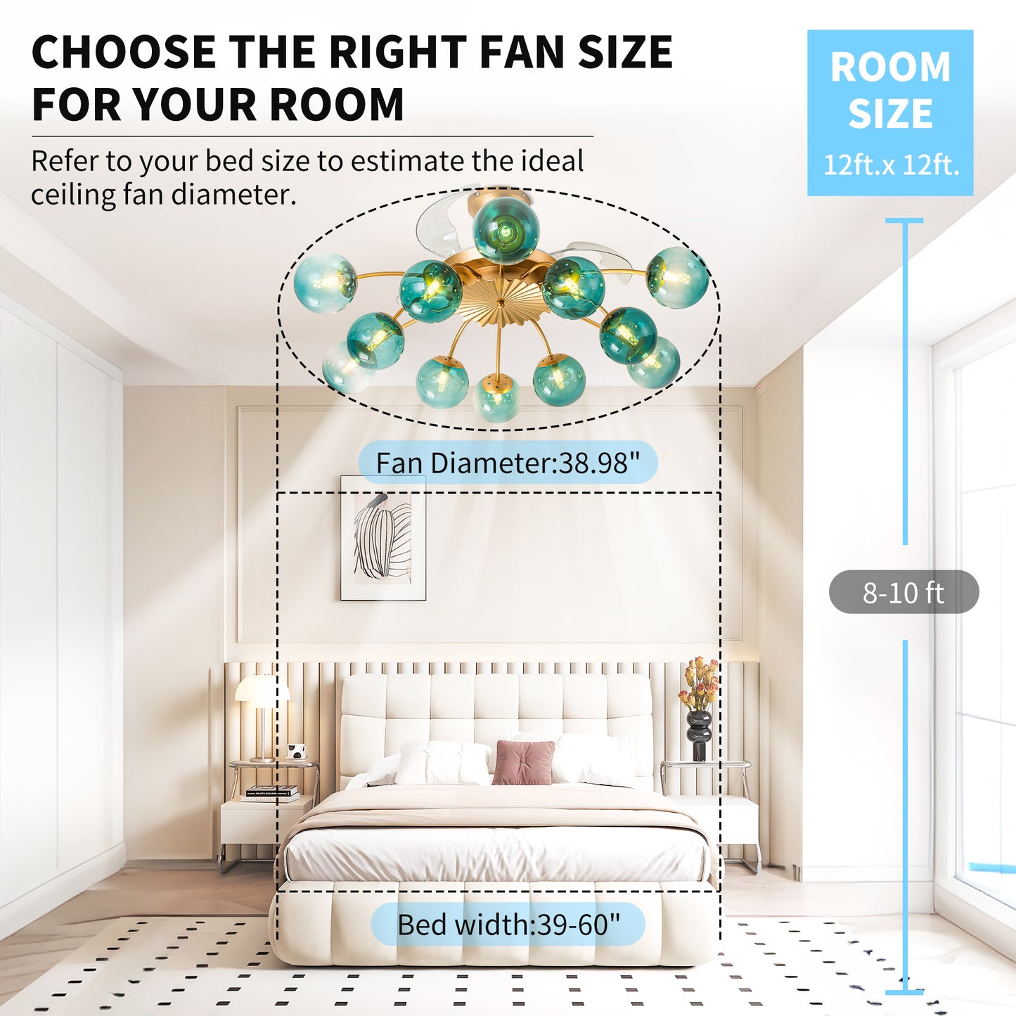 Modern Gold Retractable Ceiling Fan with Blue Glass Globes, 8-Light / 12-Light Flush Mount Fan with Remote