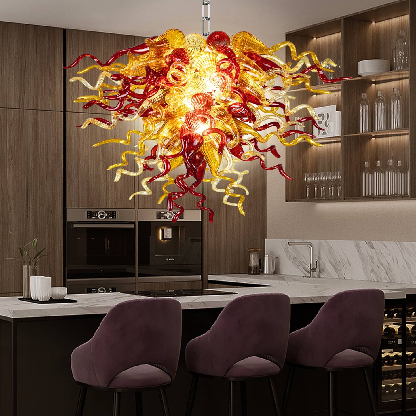 Modern Style Blown Glass Chandelier Wine & Gold-kitchen island