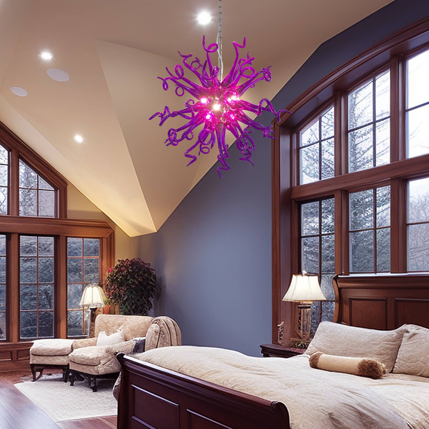Purple artistic blown glass pendant chandelier enhancing the sophisticated decor of a comfortable home interior.