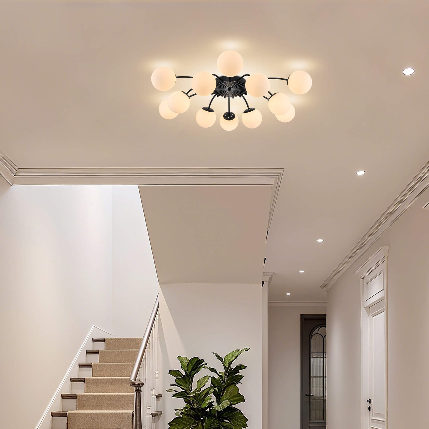 12-Light matte glass bubble black globe semi-flush mount ceiling light in bright hallway.