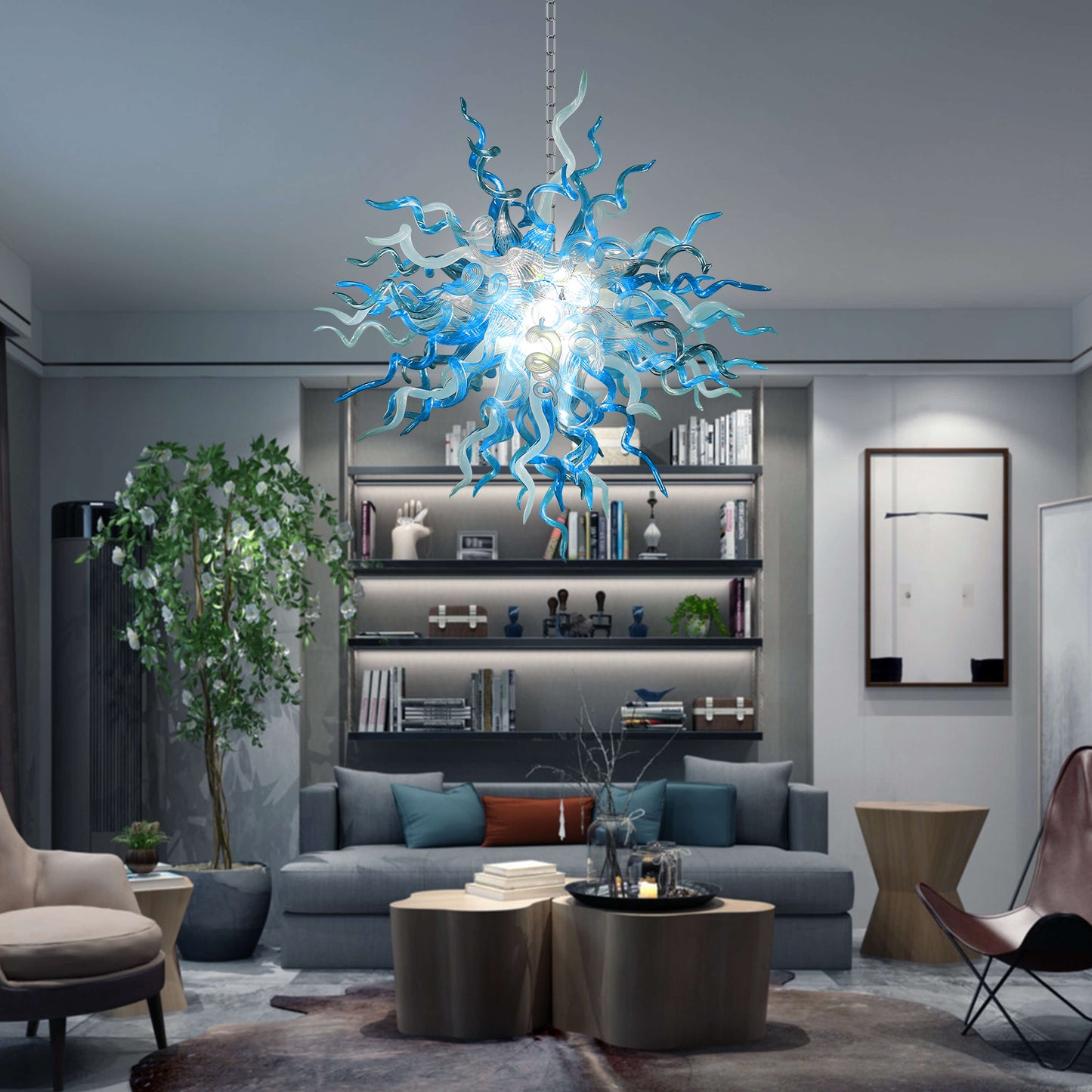 Modern living room with a modern blue and white chandelier in chihuly style design
