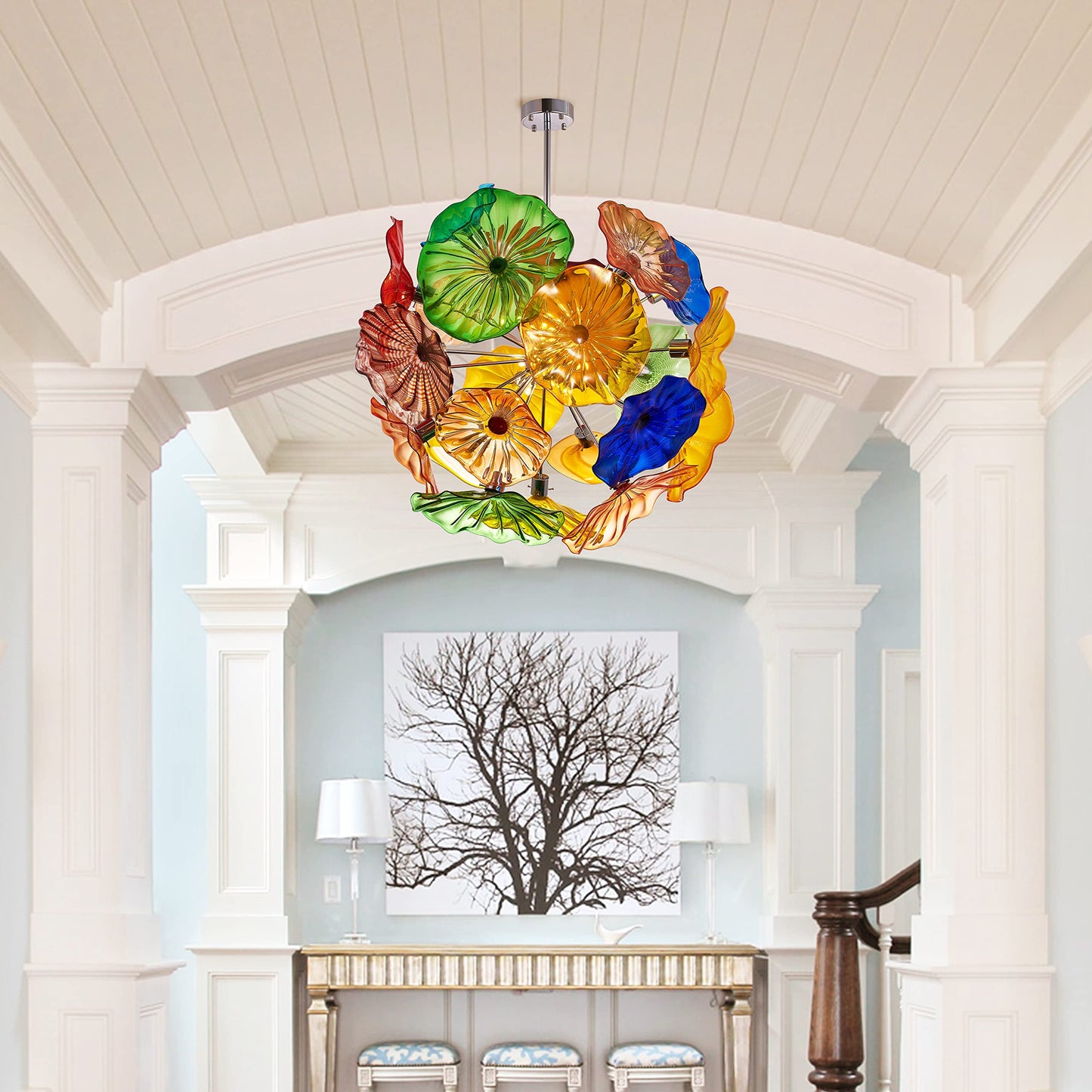 Ceiling In Blooms Blown Glass Plates Chandelier Colorful Sputnik Shape