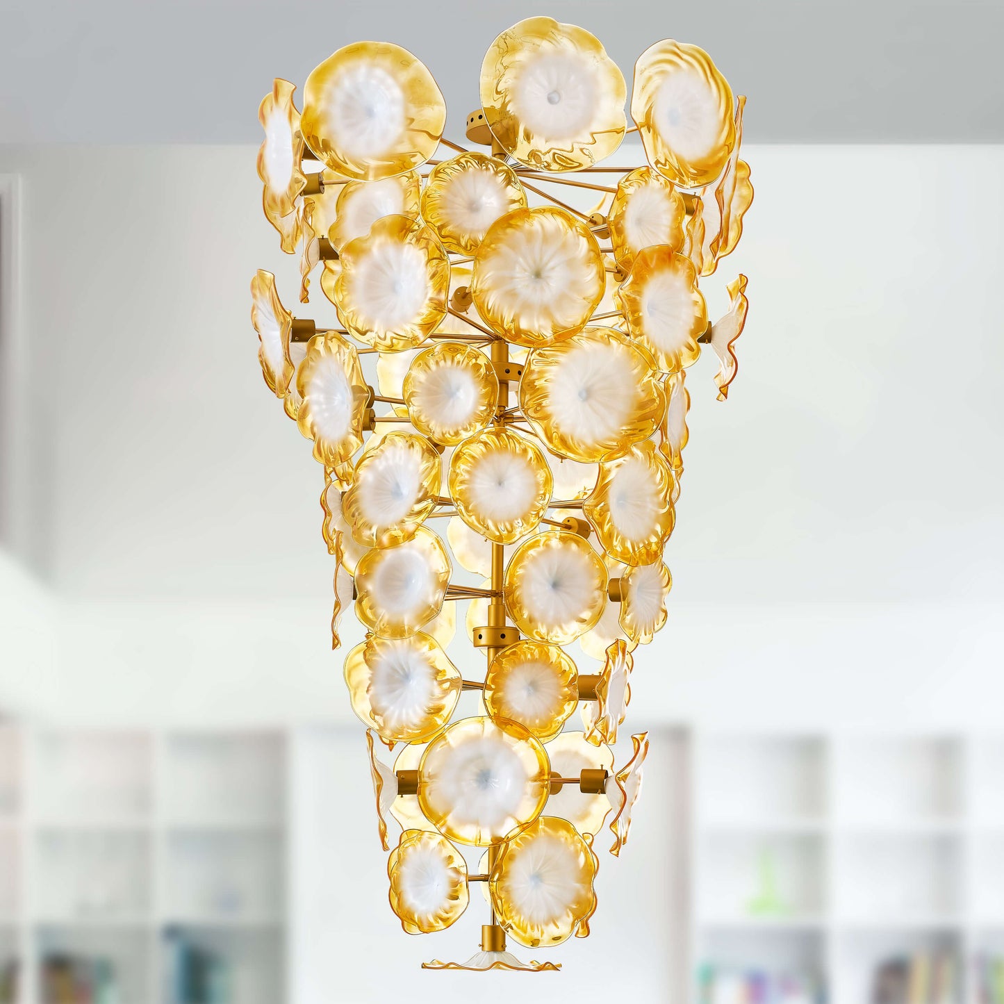 Seashells Designed Glass Plates Chandelier Golden And White