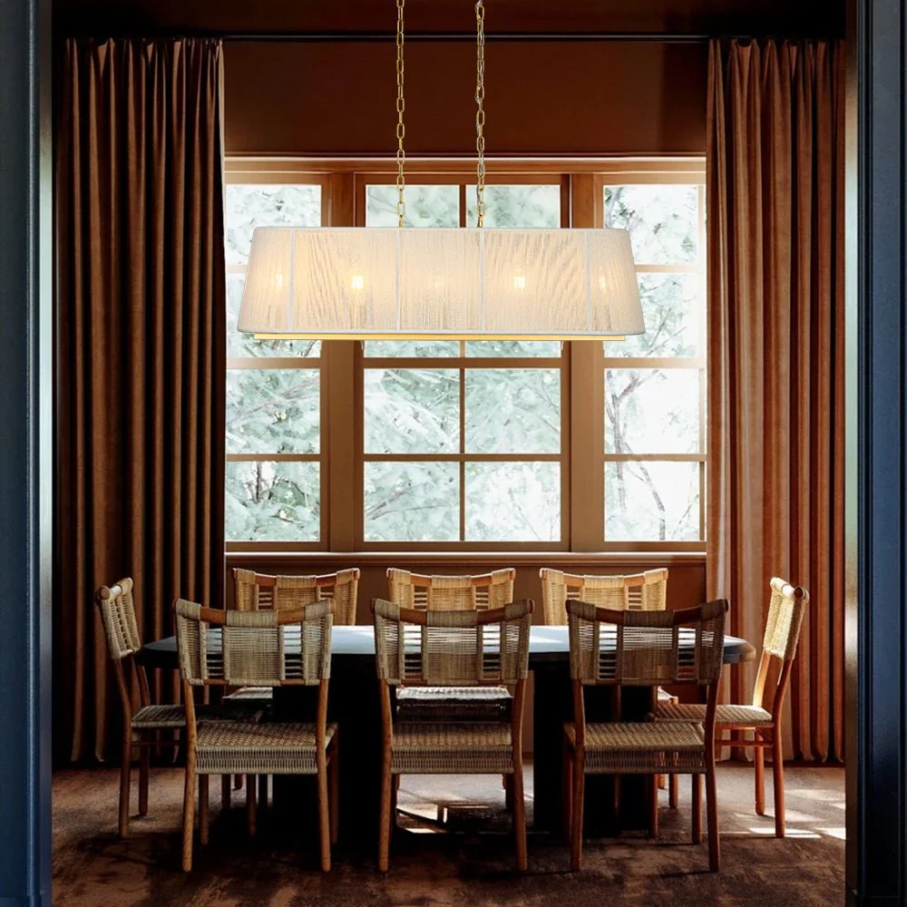 Luxury modern farmhouse dining room chandelier with fabric shade and brass hanging chains