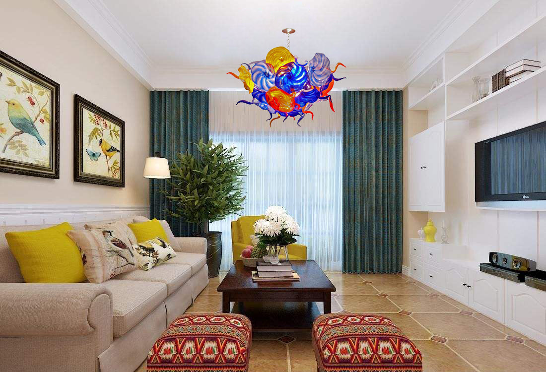 Ceiling In Blooms Blown Glass Plates Chandelier Colorful Art Flowers