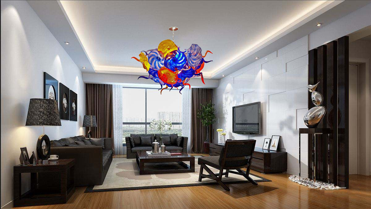 Ceiling In Blooms Blown Glass Plates Chandelier Colorful Art Flowers