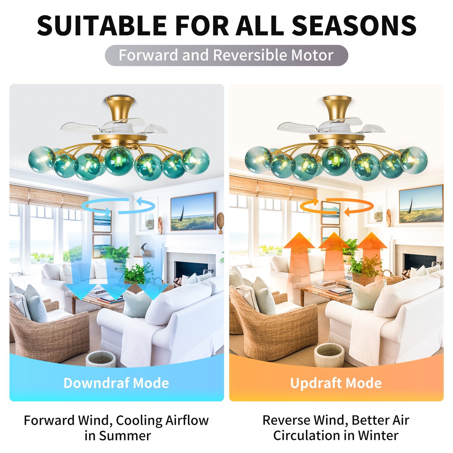Modern Gold Retractable Ceiling Fan with Blue Glass Globes, 8-Light / 12-Light Flush Mount Fan with Remote