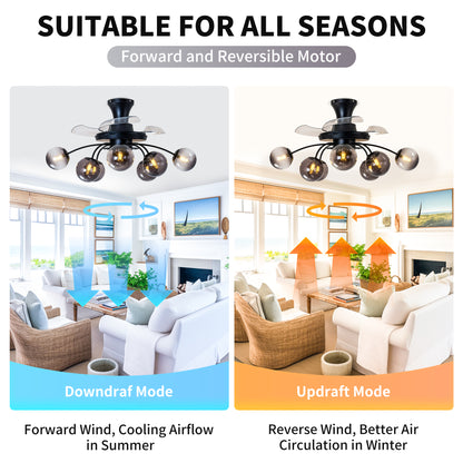 Modern Smoke Gray Glass Retractable Ceiling Fan with Lights, 8-Light Flush Mount Fan with Remote