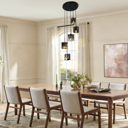 Modern 5-light cluster chandelier with smoke gray textured glass above a dining table