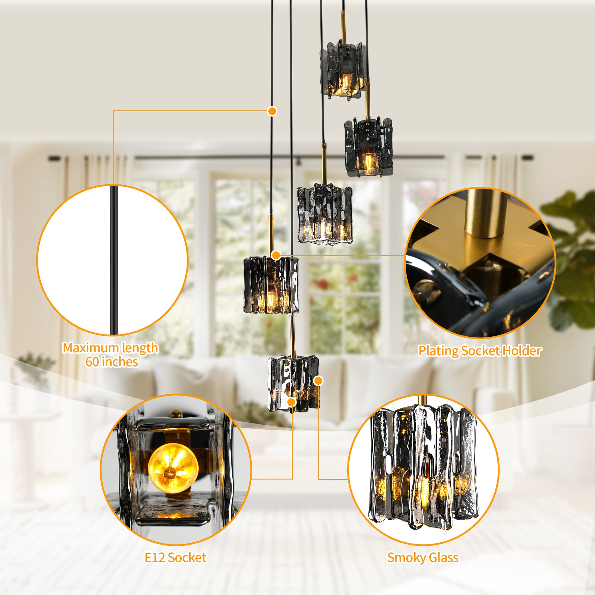 Feature details of a modern 5-light cluster chandelier showing 60-inch adjustable cord, E12 socket, plating socket holder, and smoky glass