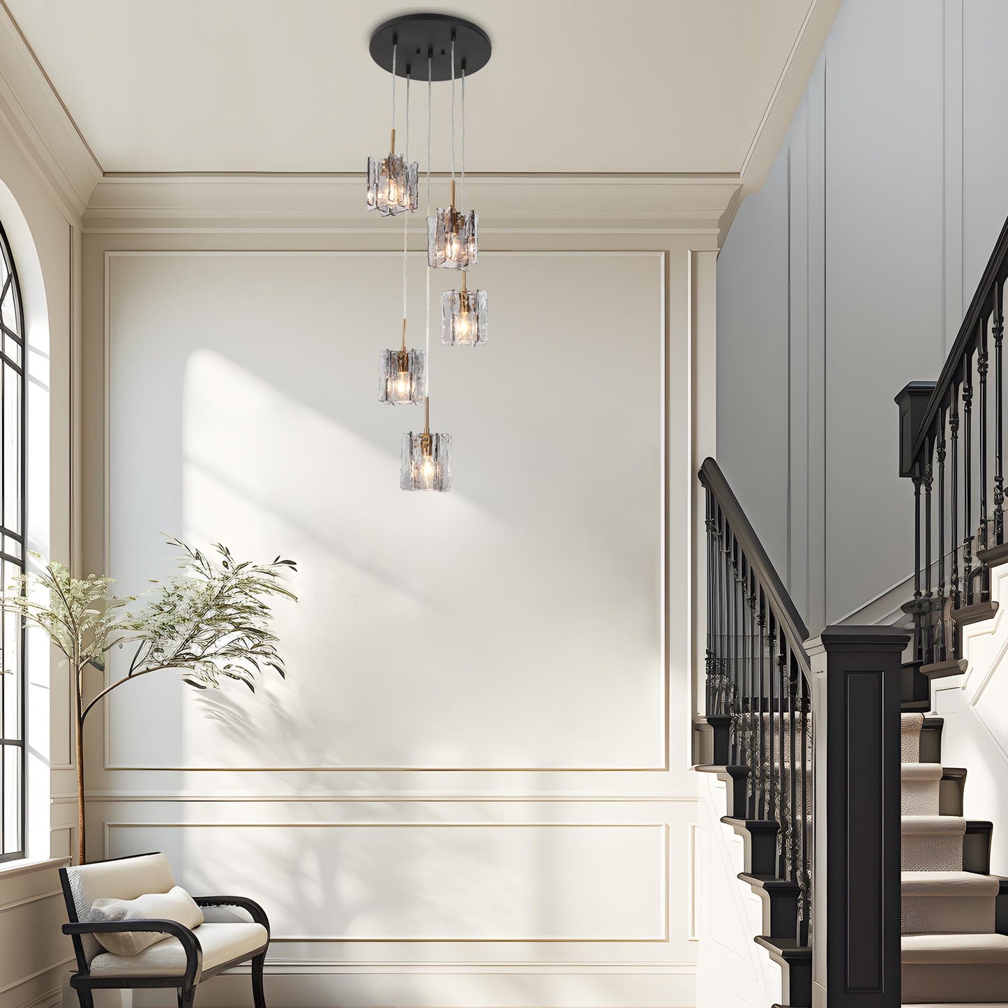 Modern 5-light cluster chandelier with smoke gray textured glass installed in a staircase entryway