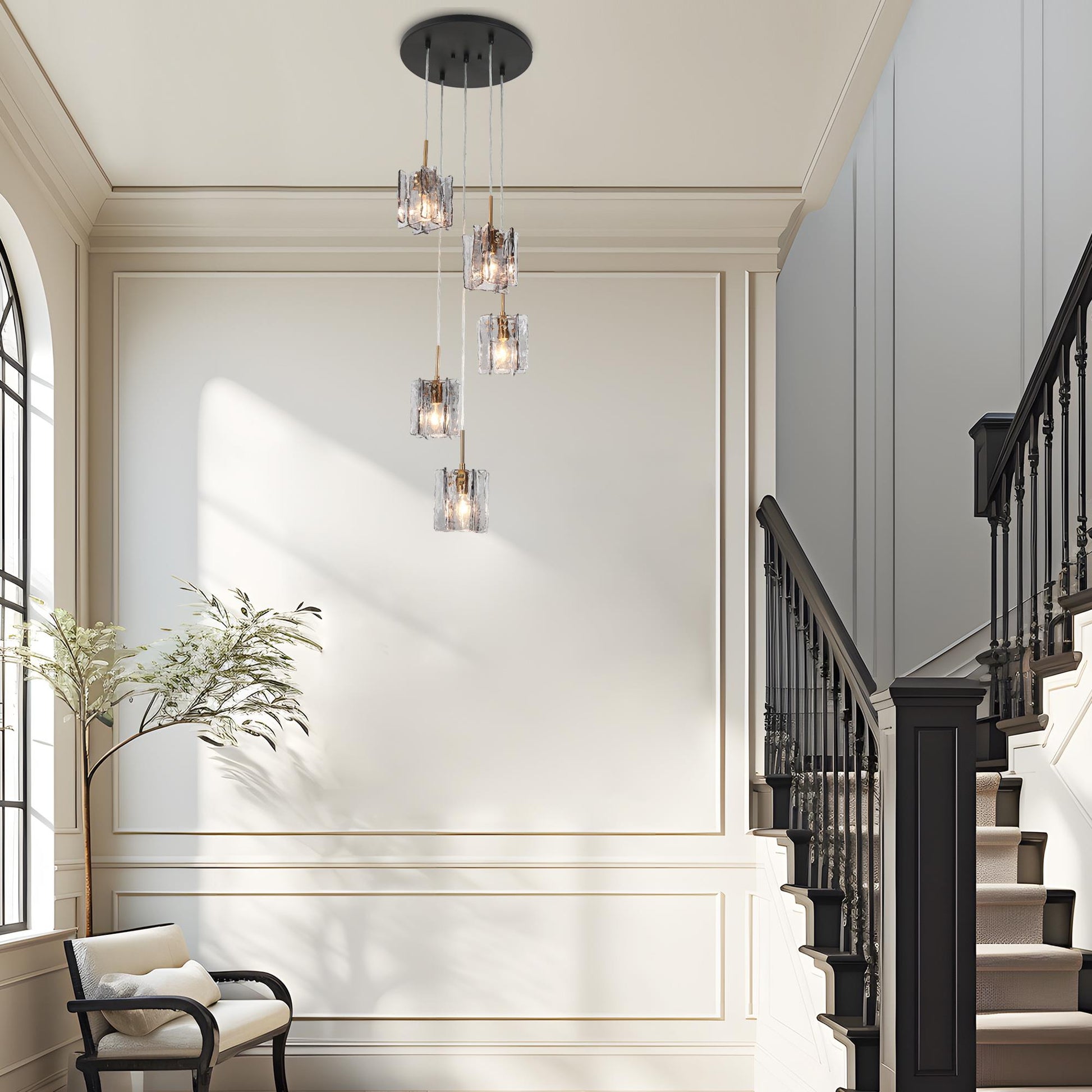 Modern 5-light cluster chandelier with smoke gray textured glass installed in a staircase entryway