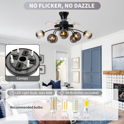 Modern Smoke Gray Glass Retractable Ceiling Fan with Lights, 8-Light Flush Mount Fan with Remote