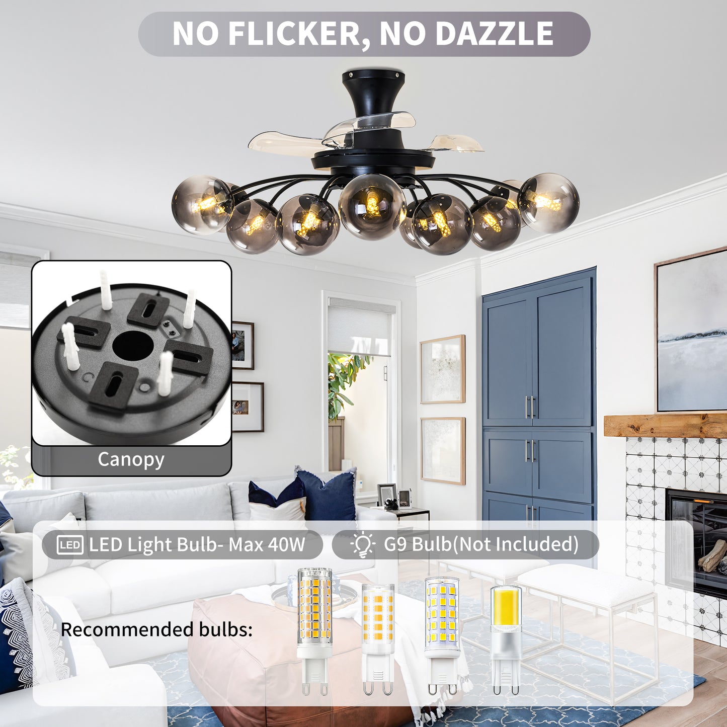 Black Smoke Glass 12-Light Retractable Ceiling Fan with Remote