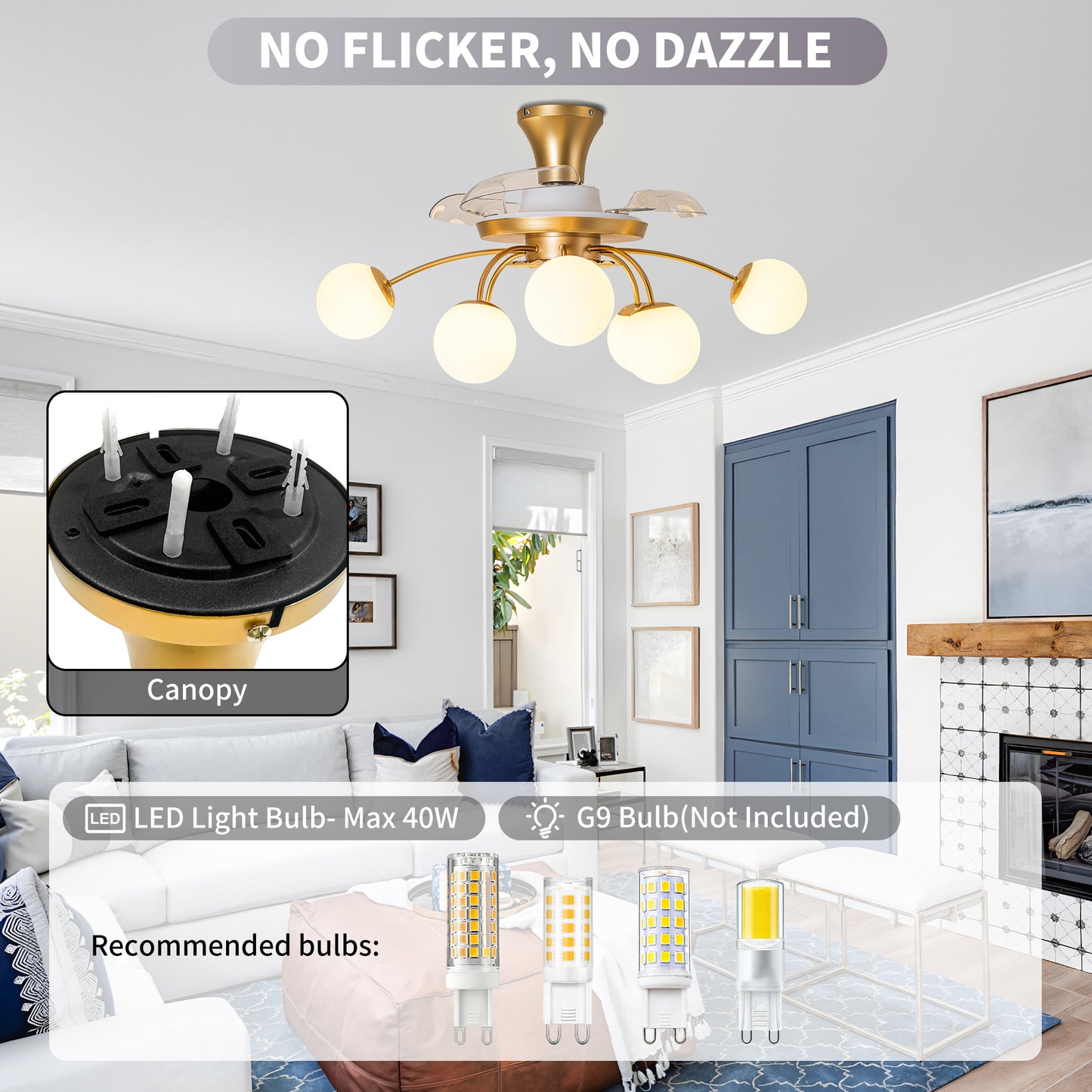 Modern Gold Retractable Ceiling Fan with Lights, 8-Light Flush Mount Fan with Remote