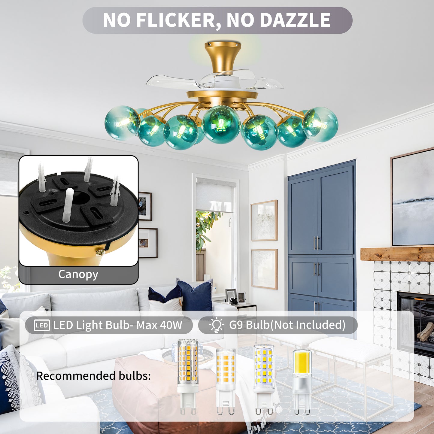 Modern Gold Retractable Ceiling Fan with Blue Glass Globes, 8-Light / 12-Light Flush Mount Fan with Remote