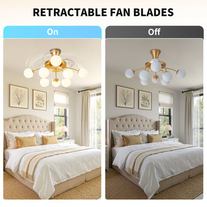 Modern Gold Retractable Ceiling Fan with Lights, 8-Light Flush Mount Fan with Remote