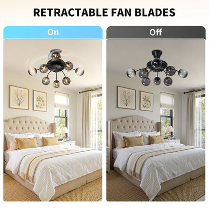Modern Smoke Gray Glass Retractable Ceiling Fan with Lights, 8-Light Flush Mount Fan with Remote