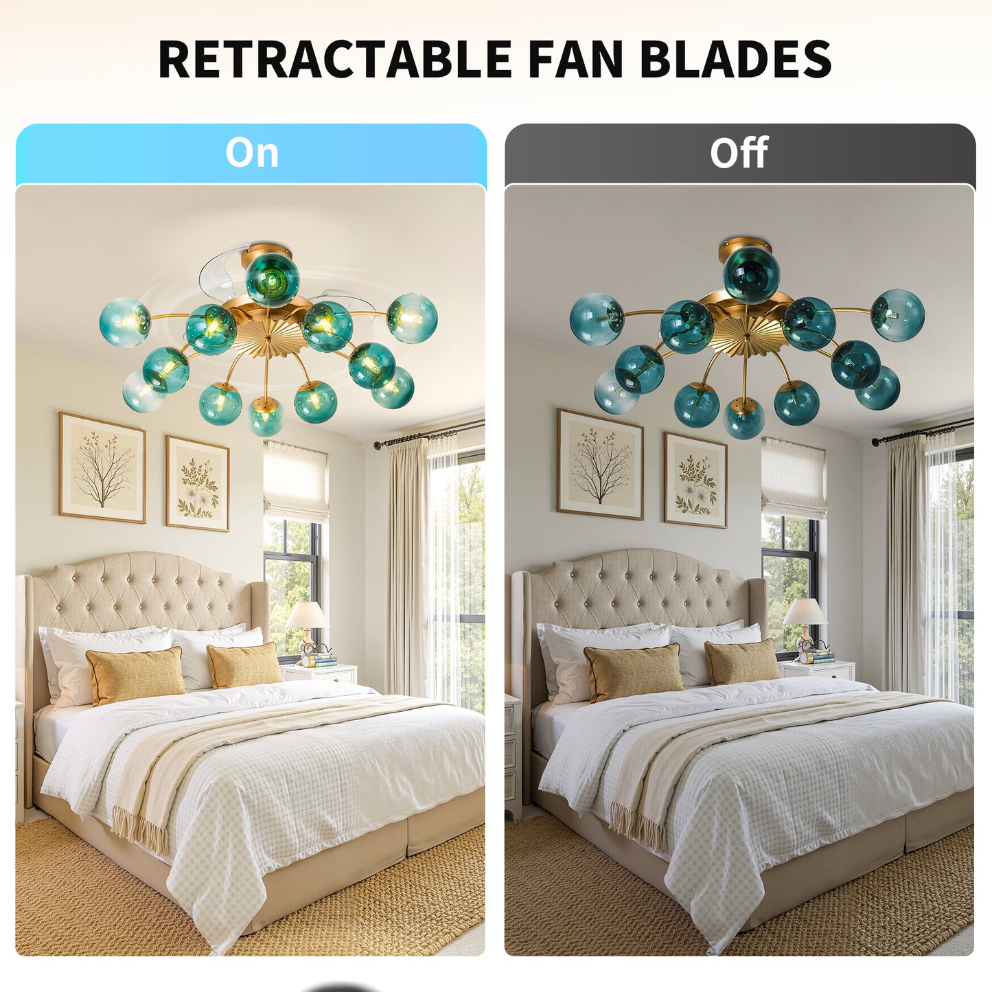 Modern Gold Retractable Ceiling Fan with Blue Glass Globes, 8-Light / 12-Light Flush Mount Fan with Remote