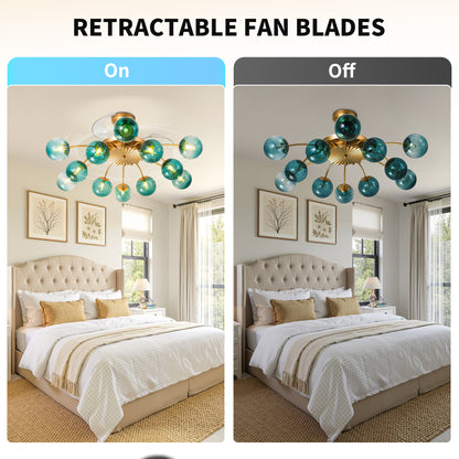 Modern Gold Retractable Ceiling Fan with Blue Glass Globes, 8-Light / 12-Light Flush Mount Fan with Remote