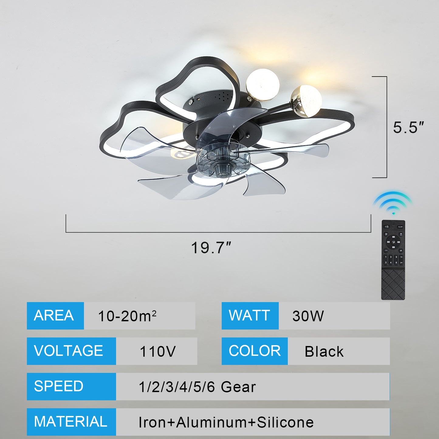 Modern Black Flush Mount Ceiling Fan with Light & Remote