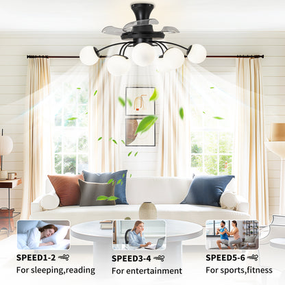 Modern Black Chandelier Fan with 8 Globe Lights & Remote