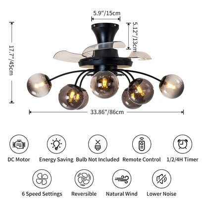 Modern Smoke Gray Glass Retractable Ceiling Fan with Lights, 8-Light Flush Mount Fan with Remote