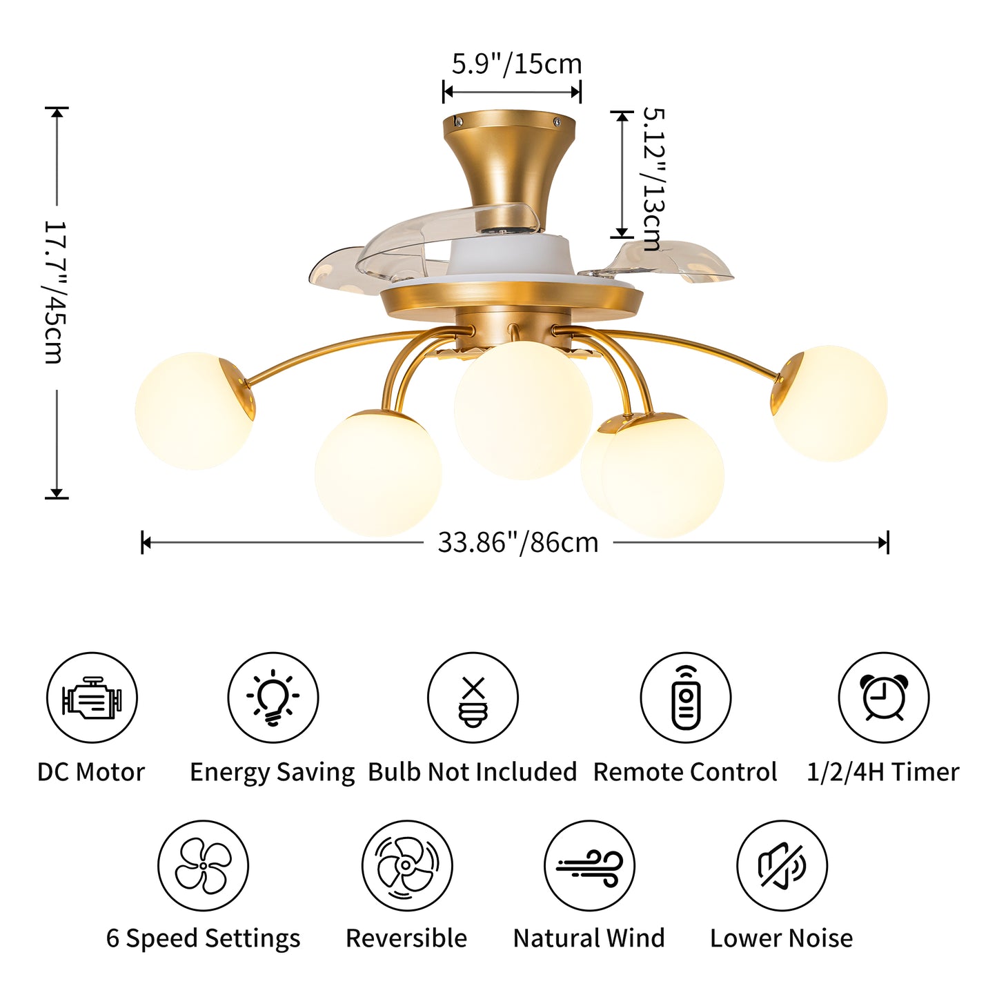 Modern Gold Retractable Ceiling Fan with Lights, 8-Light Flush Mount Fan with Remote