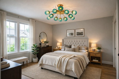Modern Gold Retractable Ceiling Fan with Blue Glass Globes, 8-Light / 12-Light Flush Mount Fan with Remote