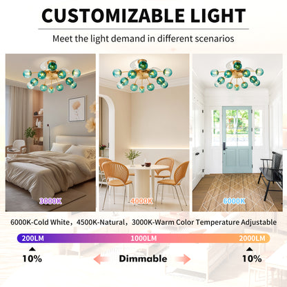 Modern Gold Retractable Ceiling Fan with Blue Glass Globes, 8-Light / 12-Light Flush Mount Fan with Remote