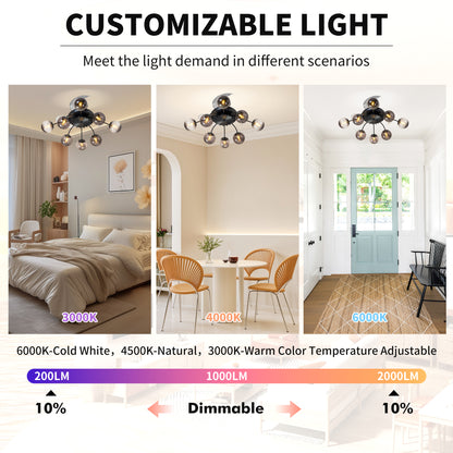 Modern Smoke Gray Glass Retractable Ceiling Fan with Lights, 8-Light Flush Mount Fan with Remote