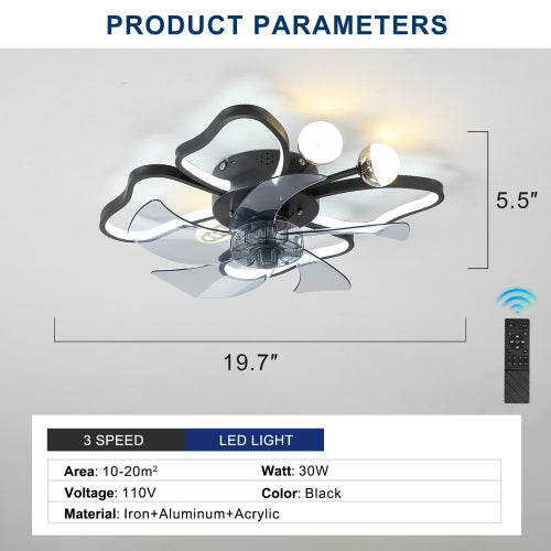 Modern Black Flush Mount Ceiling Fan with Light & Remote