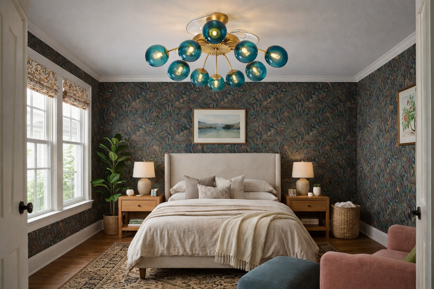 Modern Gold Retractable Ceiling Fan with Blue Glass Globes, 8-Light / 12-Light Flush Mount Fan with Remote