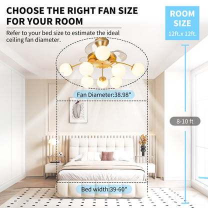 Modern Gold Retractable Ceiling Fan with Lights, 8-Light Flush Mount Fan with Remote