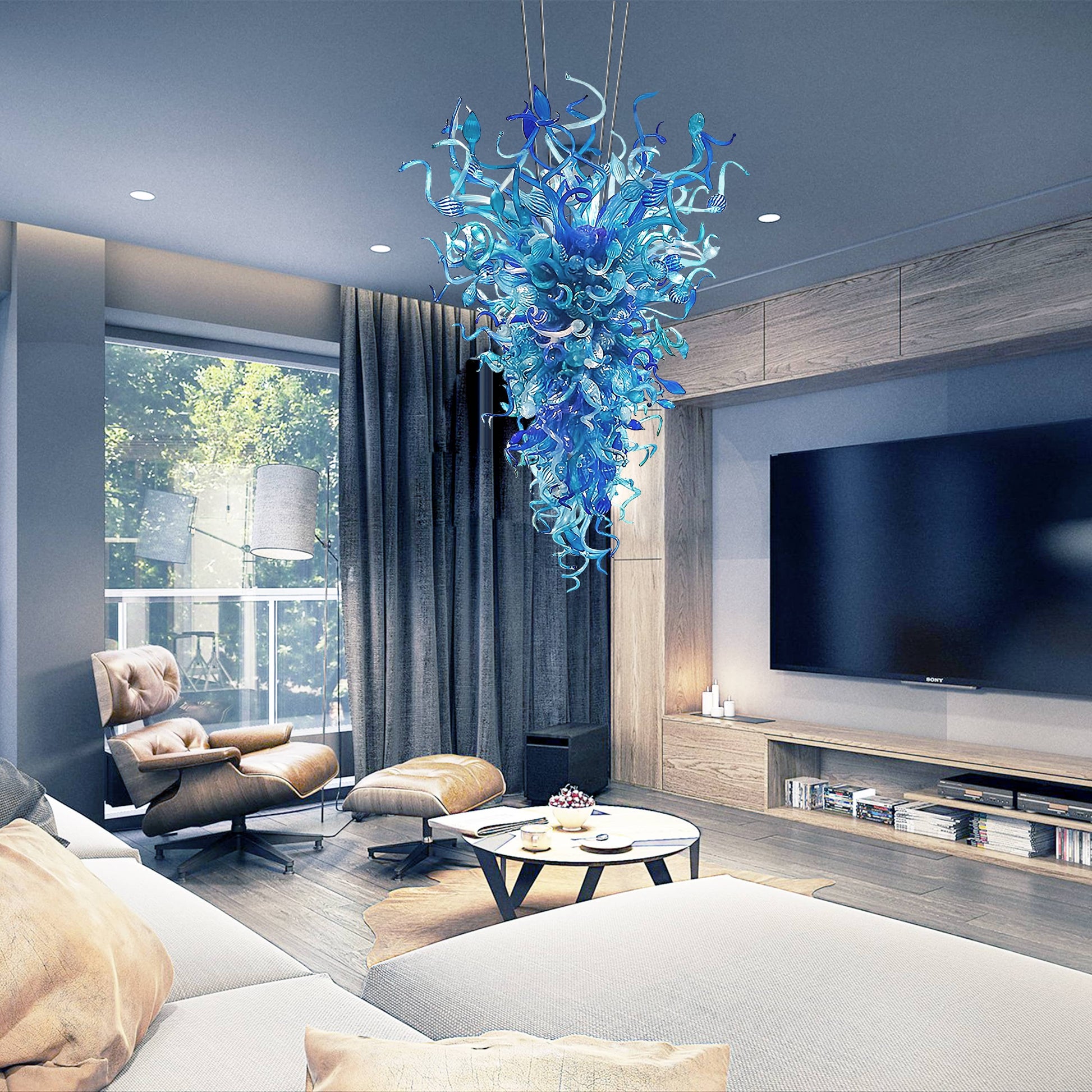 Azure Cascade Blown Glass Chandelier – Chihuly-Inspired Artistic Lighting