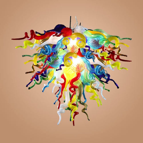 A playful and captivating blend of red, yellow, blue, green, and white of the colorful blown glass chandelier.