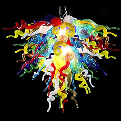 Close-up of a vibrant multi-color hand blown glass chandelier with bright lights against a dark background, showcasing detail.