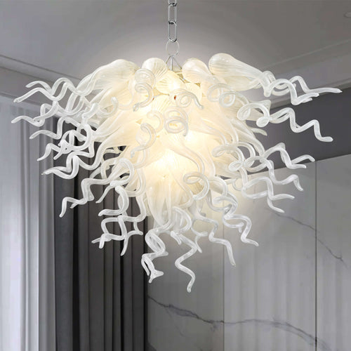 Hand-blown glass art chandelier in white, perfectly integrated into a sophisticated modern home environment.
