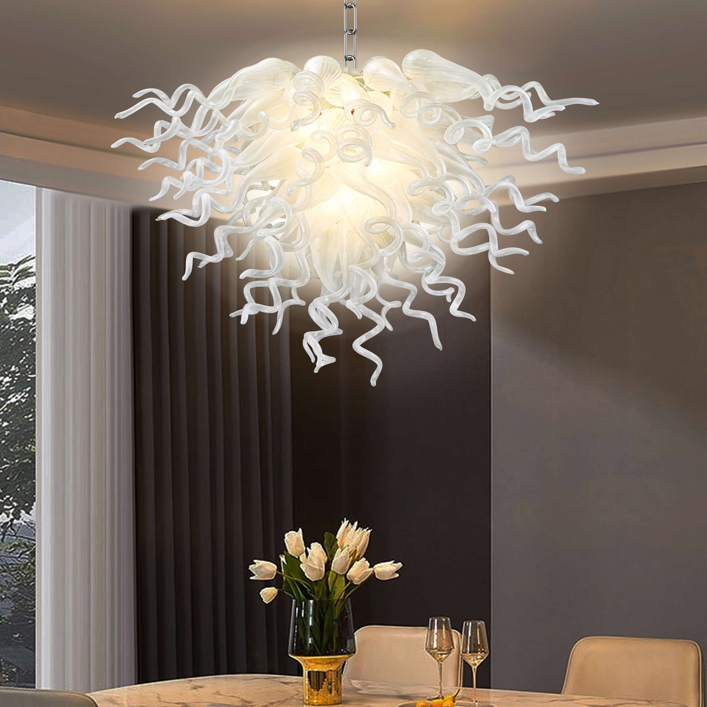 Artistic ceiling hand blown glass light fixture enhancing the sophisticated decor of a high-end contemporary home interior.