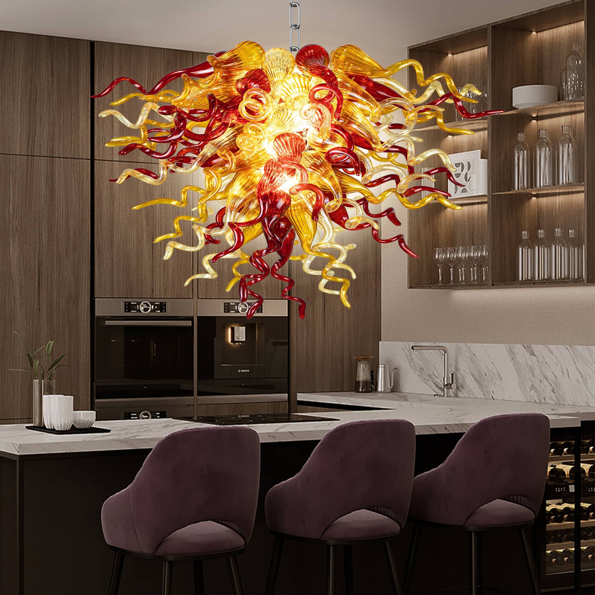 Modern Style Blown Glass Chandelier Wine & Gold-kitchen island