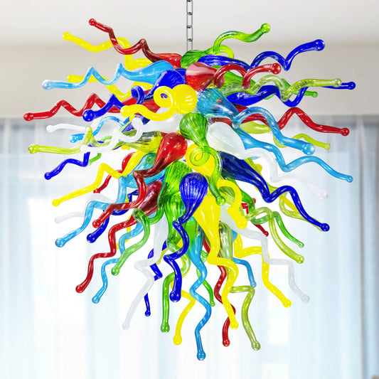 Whimsical multi-color hand blown glass chandelier with red, yellow, blue, green, and white tendrils.