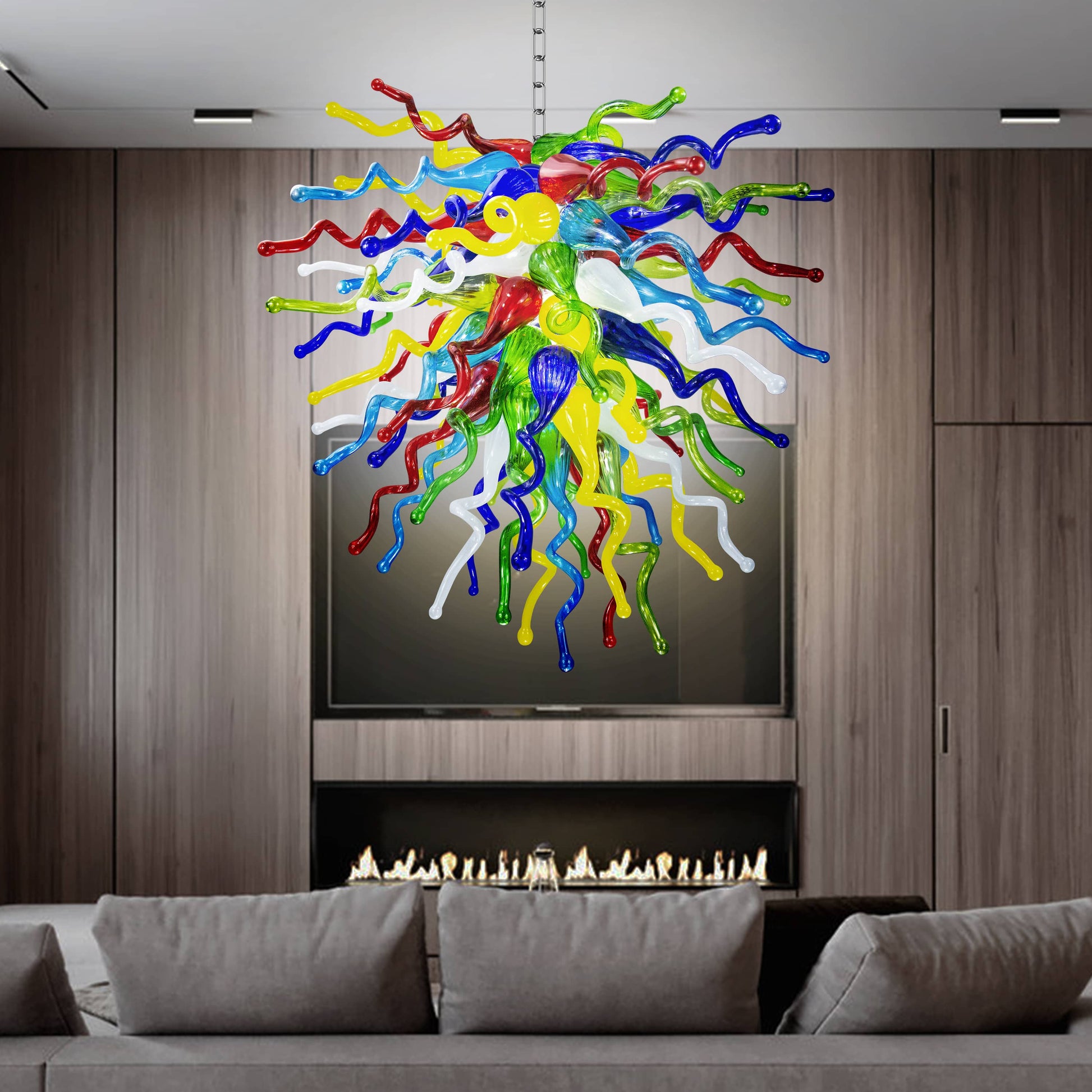 Elegant living room featuring a stunning vibrant hand blown glass chandelier.