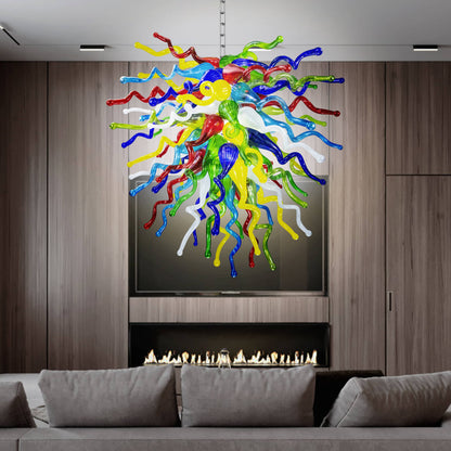 Elegant living room featuring a stunning vibrant hand blown glass chandelier.