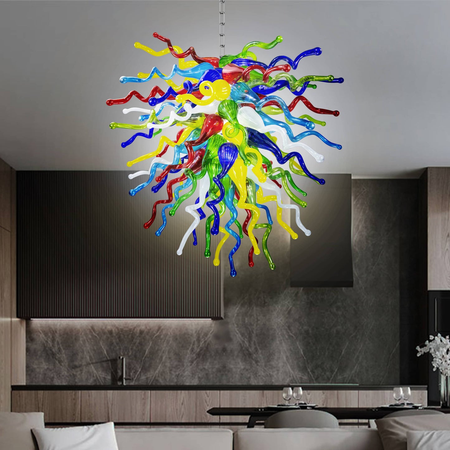 Artistic ceiling hand blown glass light fixture enhancing the lively decor of a contemporary home interior.