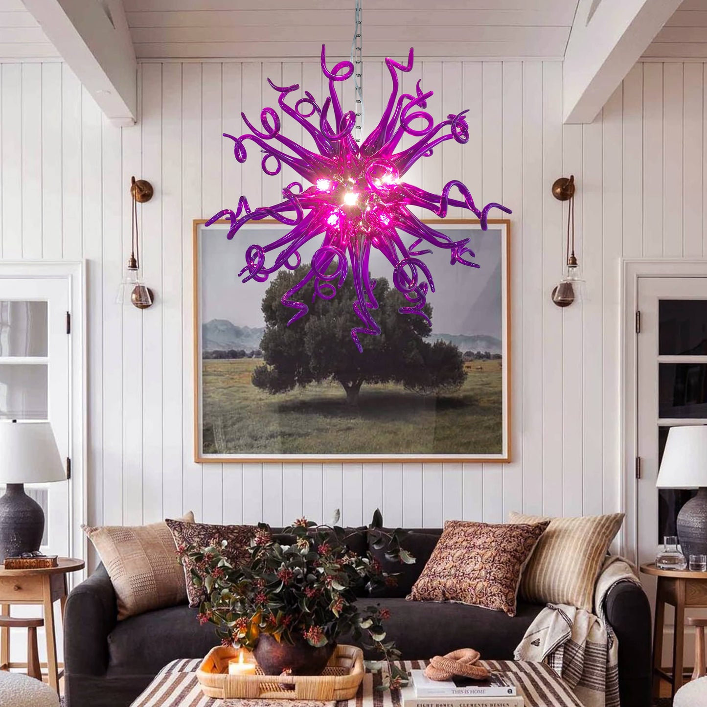 Enchanting purple hand blown glass chandelier as a stylish centerpiece in a cozy living room.
