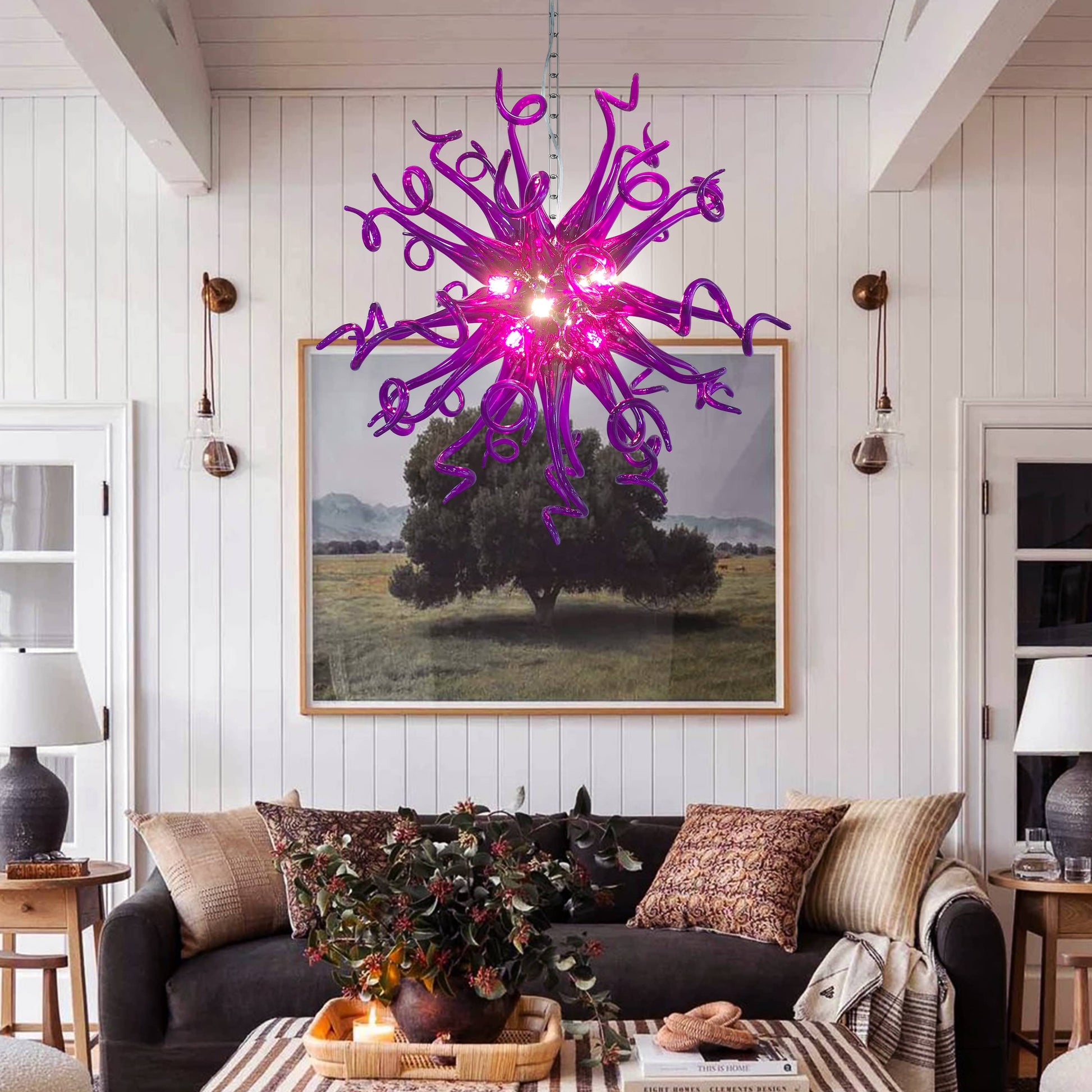 Enchanting purple hand blown glass chandelier as a stylish centerpiece in a cozy living room.