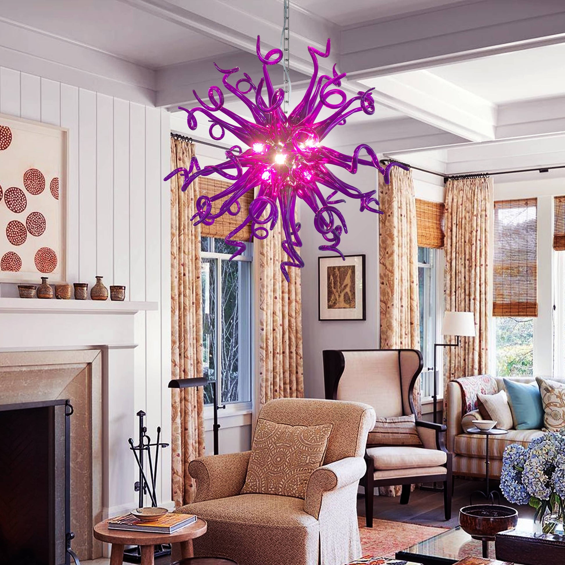 Luxurious purple blown glass chandelier illuminating a chic, traditional-meets-modern living space.