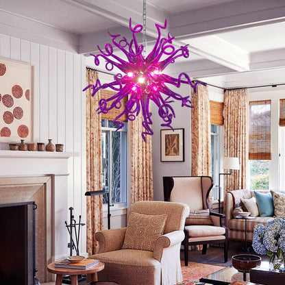 Luxurious purple blown glass chandelier illuminating a chic, traditional-meets-modern living space.
